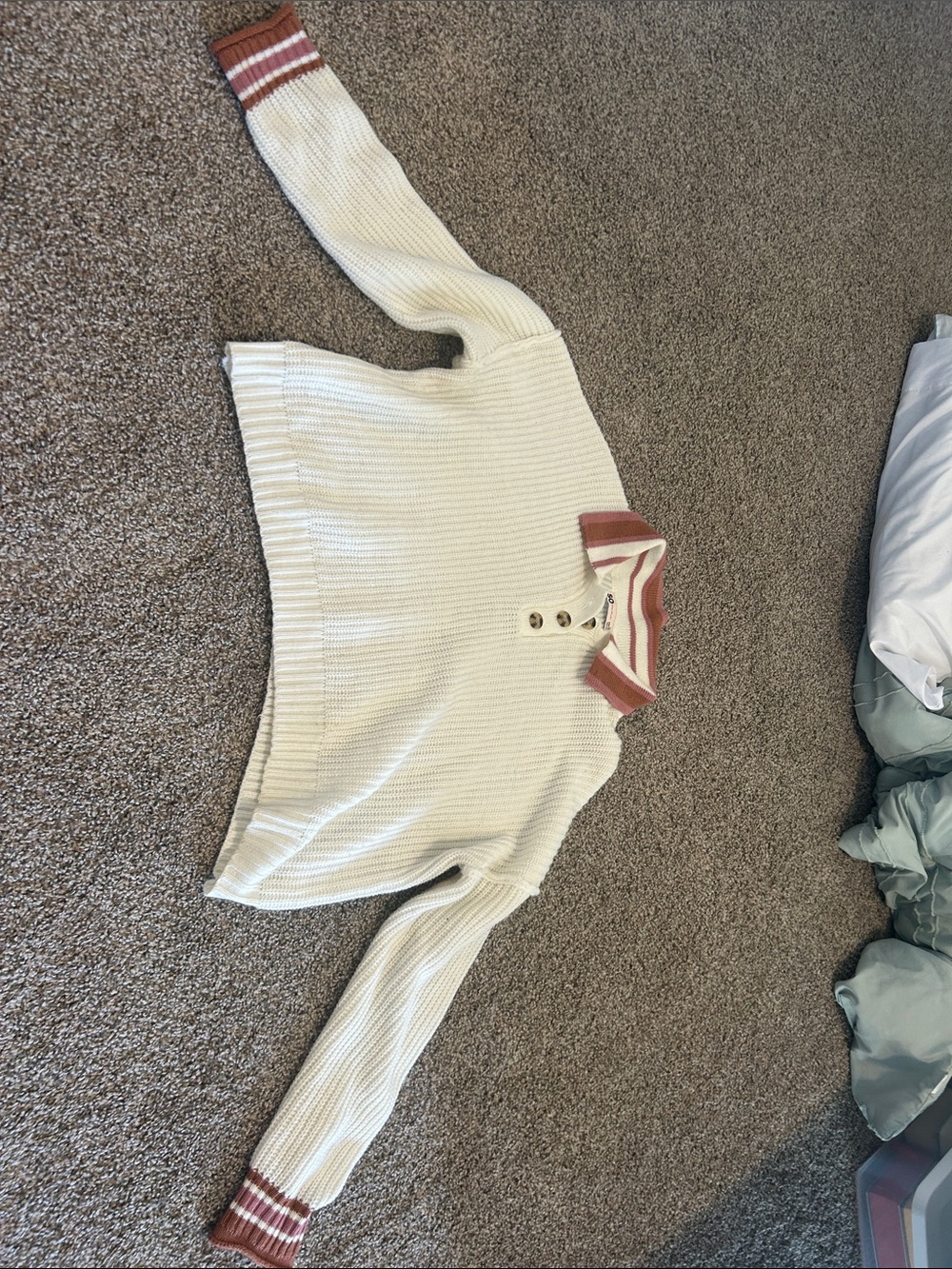 SO Cream Knit Polo Sweater with Rose Trim